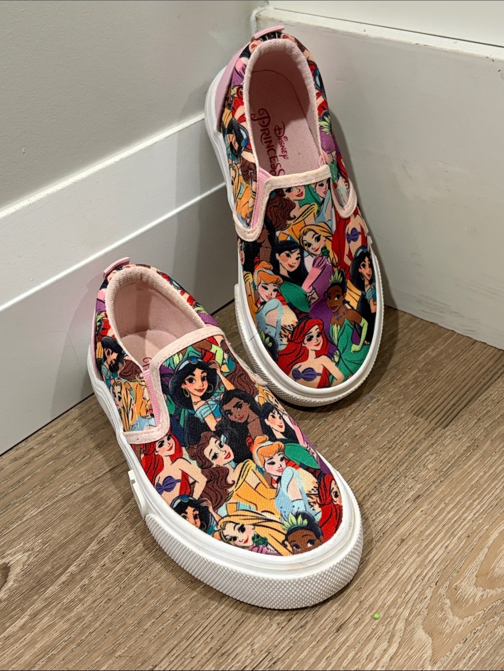 Disney Kids Slip-On Sneakers with Multicolor Princess Print and Pink Trim